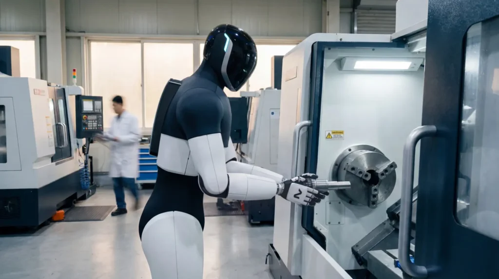 Humanoid robot operating a precision CNC machine inside an industrial manufacturing facility