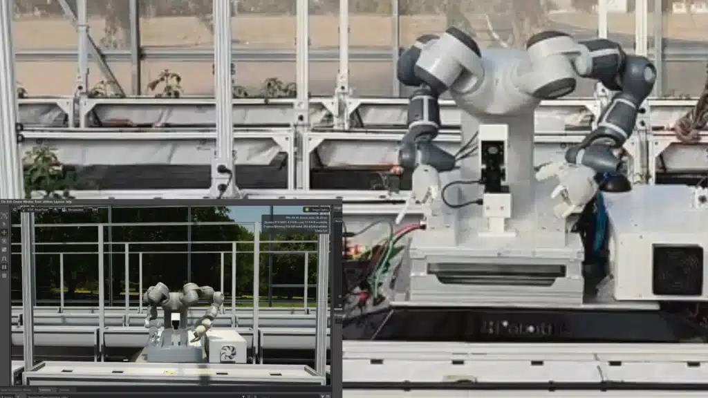 Side-by-side comparison of an agricultural robot simulated in Isaac Sim and its physical counterpart