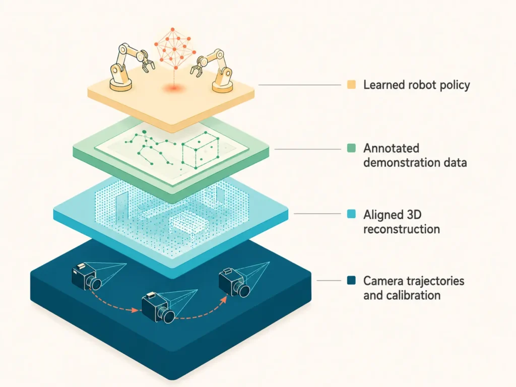 4-layer diagram showing how camera calibration, 3D reconstruction, and annotated data power learned robot policy