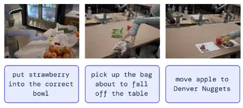 Examples of a robotic arm executing tasks like sorting fruit and picking up falling objects