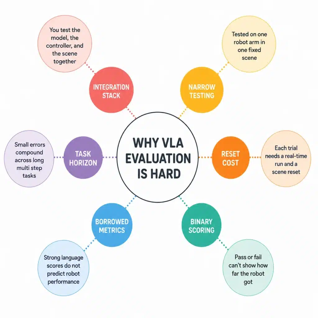 Mind map illustrating the key technical and logistical challenges of evaluating VLA models in robotics
