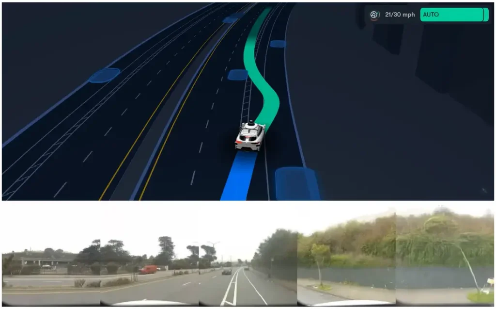 Simulation interface displaying 3D path trajectory mapping above real-world dashboard camera driving views