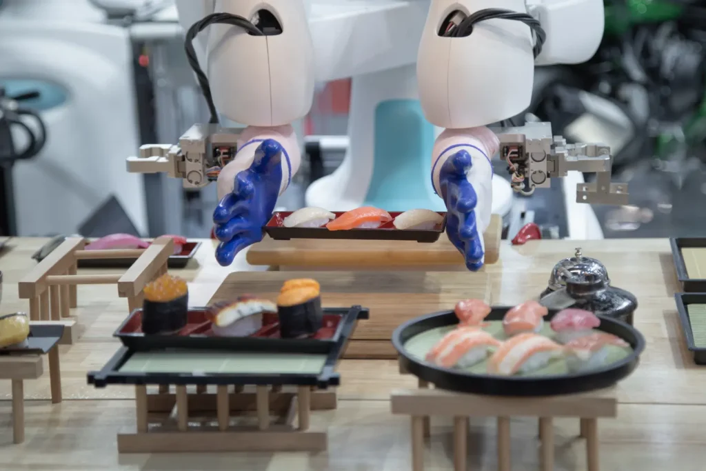 Bimanual humanoid robot serving a tray of fresh sushi in a restaurant simulation