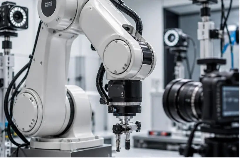 White collaborative robotic arm set up in a research lab with surrounding cameras