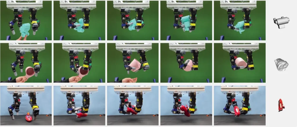 Sequential frames showing a dexterous robotic hand manipulating a cup, toy boat, and block