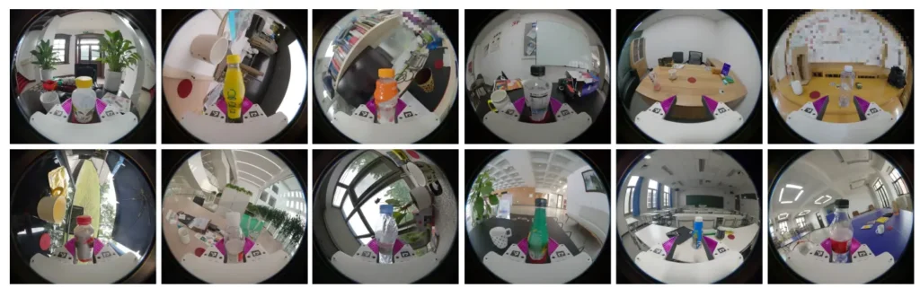 12 wide-angle fisheye camera views capturing object-picking tasks from a robot's first-person perspective