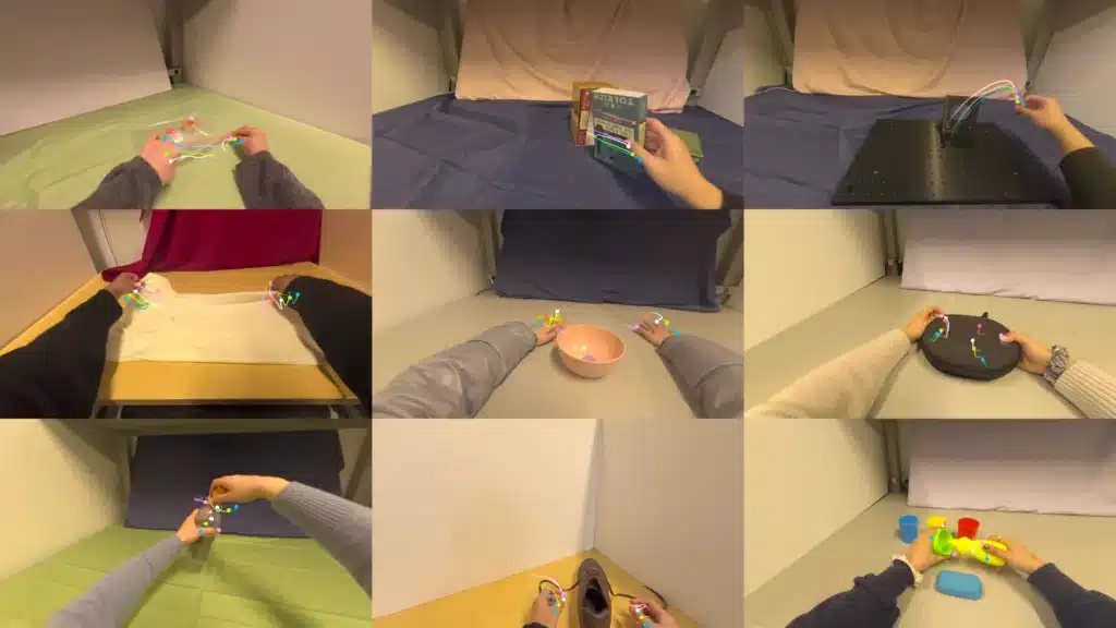 3x3 grid of first-person views showing hand-object interactions with tracked trajectory overlays