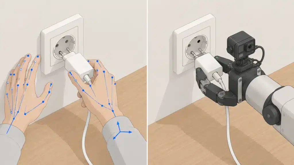 Illustration of a human plugging in an adapter compared to a robotic arm imitating the action