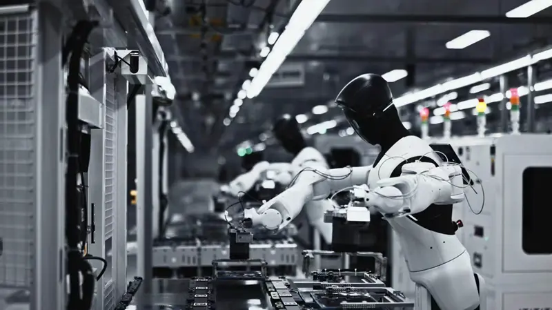 Black-and-white humanoid robots performing precision tasks along a smart factory production assembly line