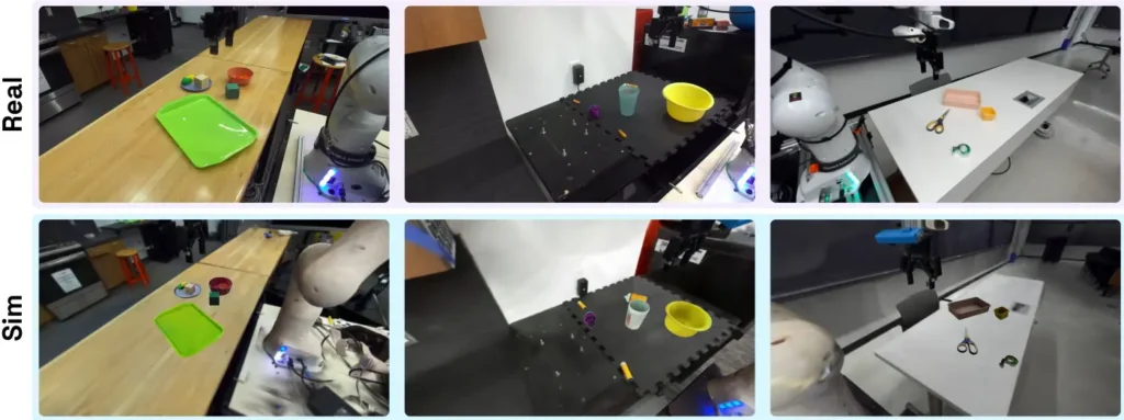Side-by-side comparison of real-world and simulated tabletop robotic tasks for model training