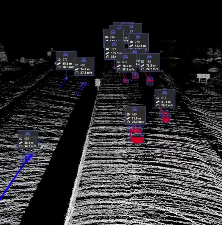 3D LiDAR point cloud showing vehicles tracked on a highway with bounding boxes, distance, and speed metrics