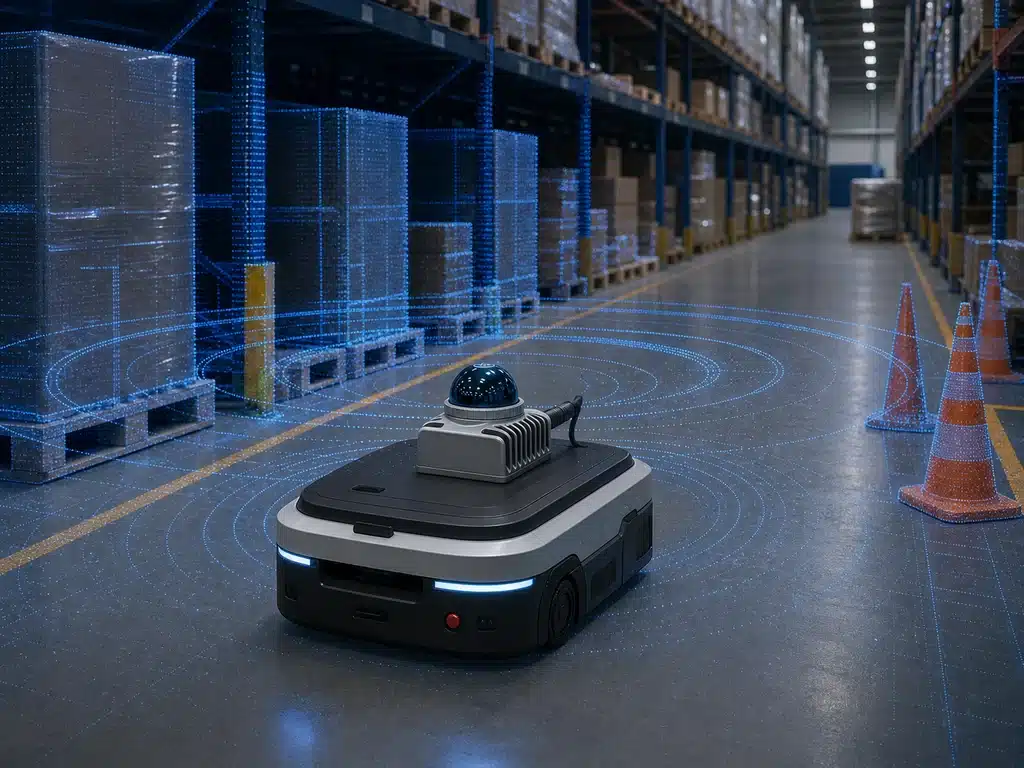 Autonomous mobile robot using a top-mounted LiDAR scanner to detect pallets and obstacles on a warehouse floor