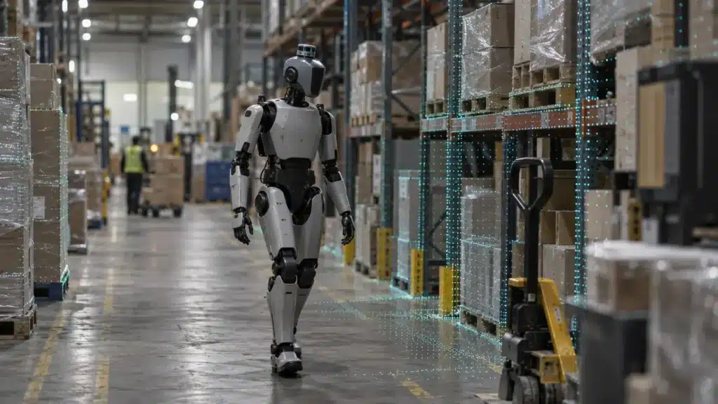 Humanoid robot walking down a warehouse aisle with digital LiDAR points mapping the surrounding shelves