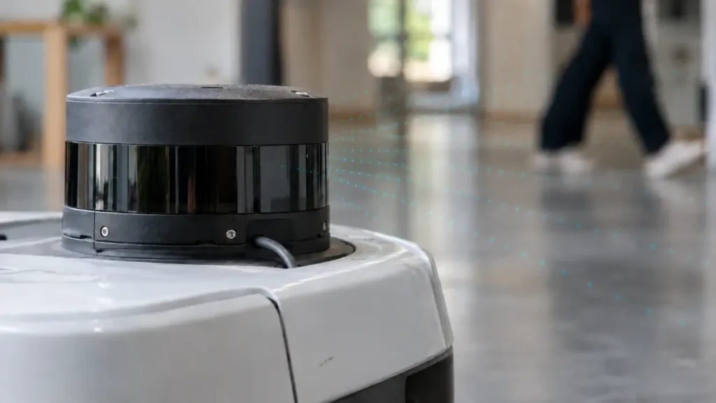 Close-up of a rotating LiDAR sensor on a mobile robot detecting obstacles and pedestrians in an indoor room