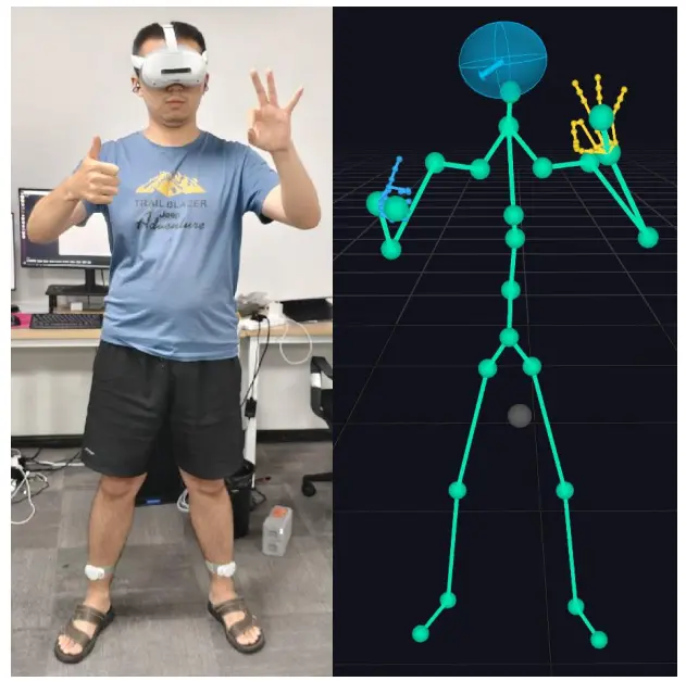 Real-time full-body skeleton pose estimation of a user wearing a VR headset and ankle IMU motion sensors