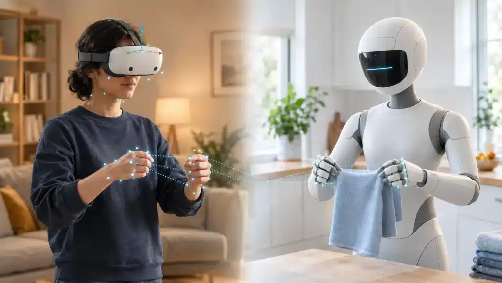 Woman wearing a VR headset teleoperating a humanoid robot in real time to fold a towel in a kitchen