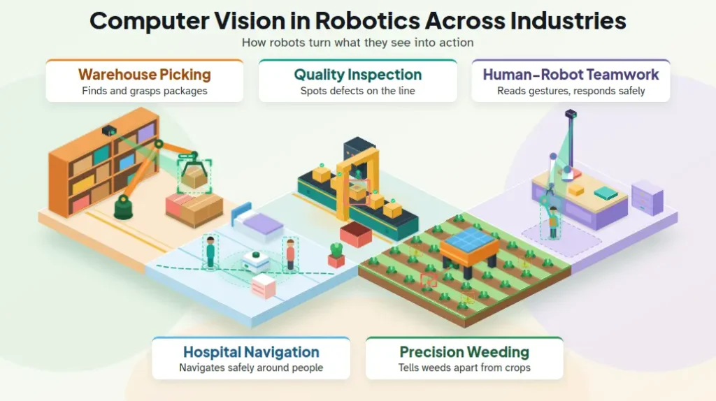 Infographic showing computer vision use cases in robotics including warehouse picking, inspection, and weeding