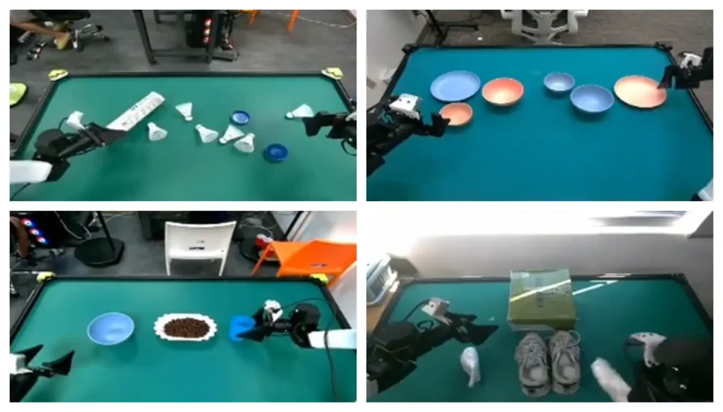 Four-panel top view of dual robotic arms executing everyday tabletop manipulation and sorting tasks