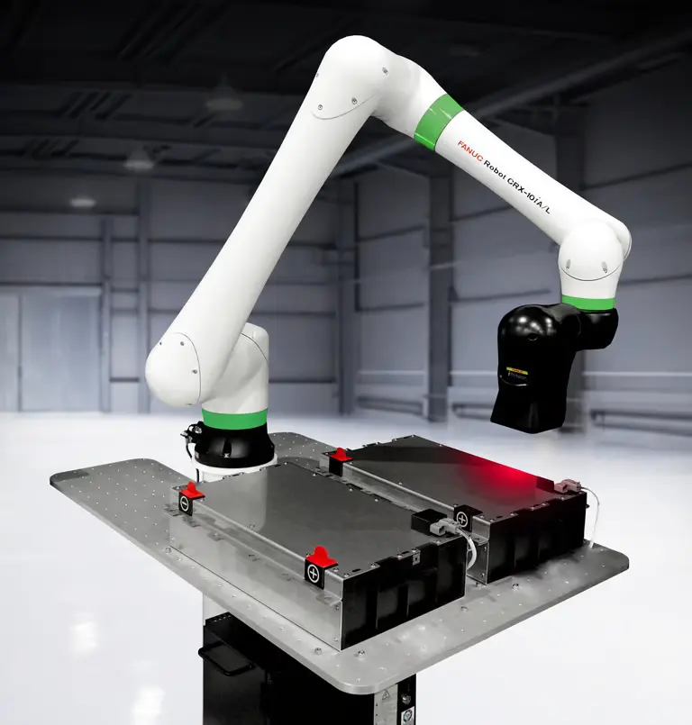 FANUC CRX cobot inspecting battery modules on an assembly workstation with a laser.