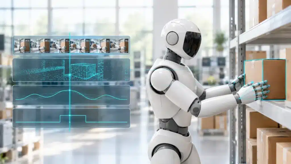 Humanoid robot gripping a cardboard box from warehouse shelves, with perception and motion telemetry overlays