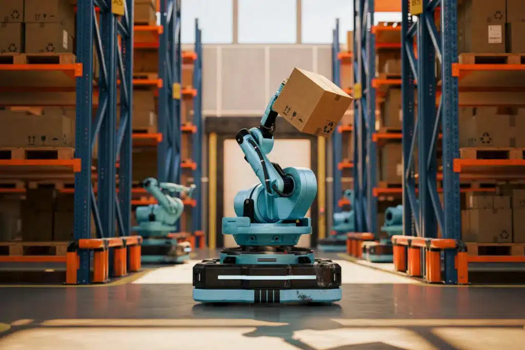 Autonomous mobile manipulator robot holding a cardboard box between storage racks in a logistics warehouse