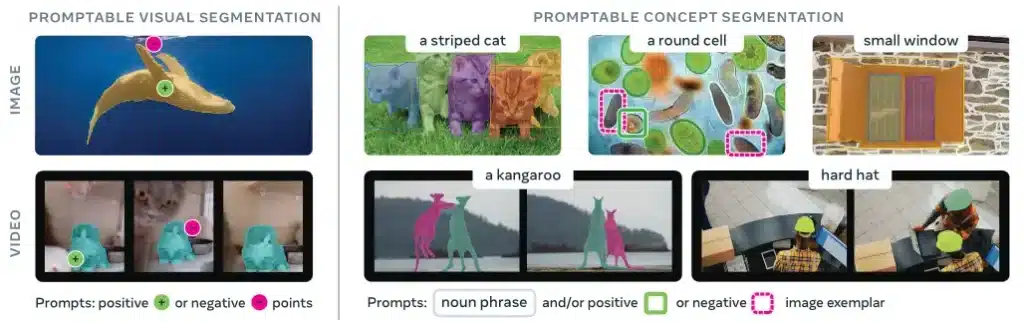Diagram comparing point-prompted visual segmentation with text and exemplar concept segmentation on images and video